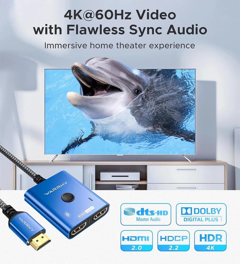Warrky مفتاح HDMI 4K@60Hz مقسم 2 في 1 مخرج، [كابل HDMI مضفر ثابت بطول 3.3 قدم، علبة ألمنيوم، HDCP 2.2] مفتاح ثنائي الاتجاه 2x1 متوافق مع UHD لجهاز PS5/4، نينتندو سويتش، روكو، فايرستيك – أزرق - Image 4
